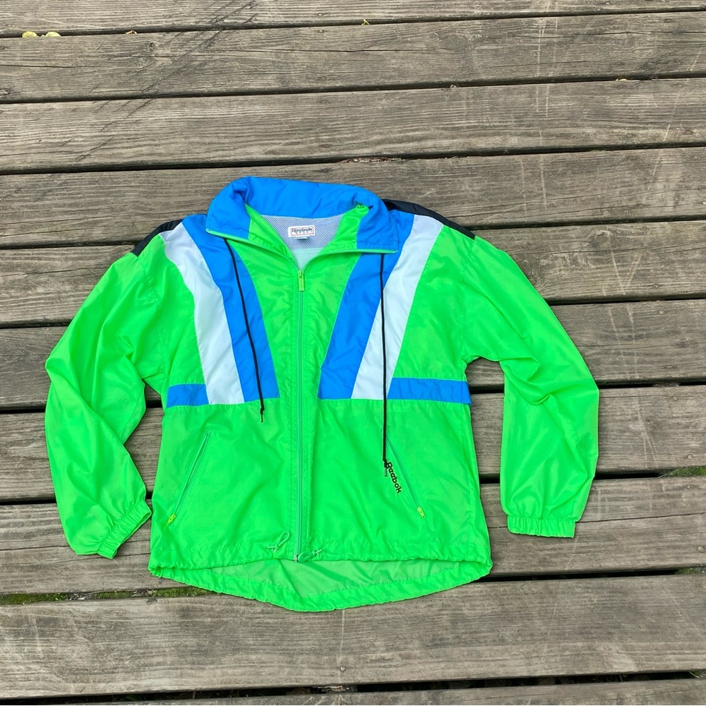 Reebok vintage retro green and blue windbreaker jacket with hood.